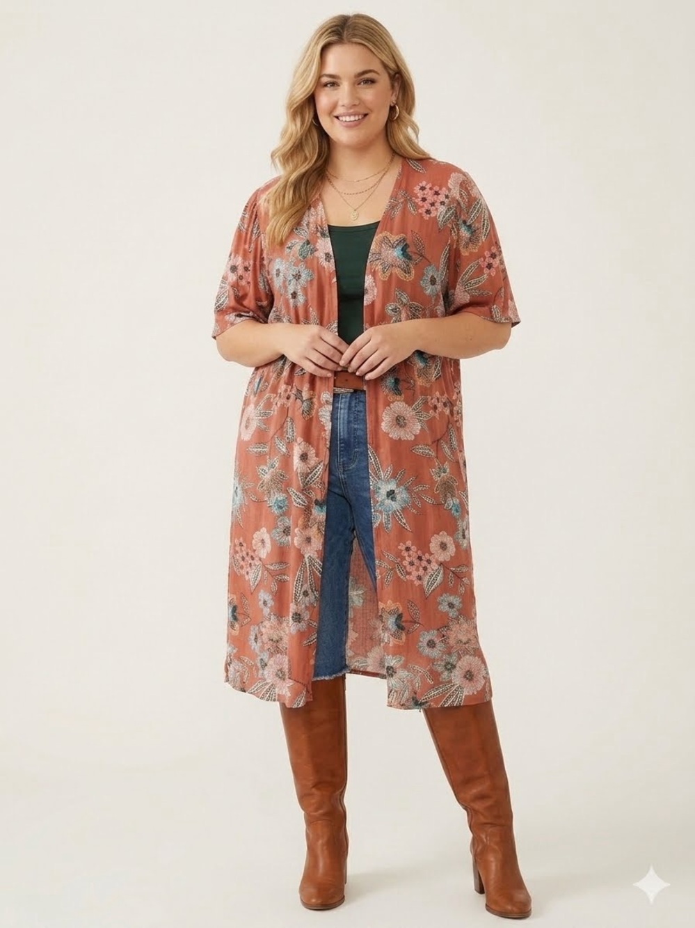 Maurices Rust Floral Open-Front Duster Boho Western Fall